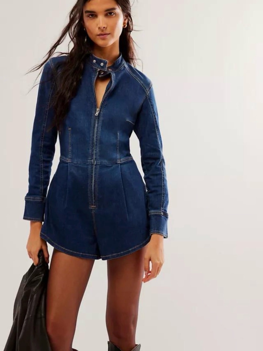 Free People Dark Blue Denim Zip-Front Romper
